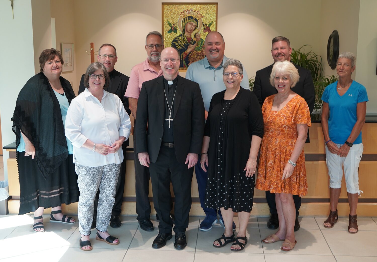 The following members of the Diocesan Stewardship Council attended the council’s inaugural meeting on Aug. 23: (front row) Anne Hackman, Bishop W. Shawn McKnight, Kyle Clark, Theresa Krebs, (back row) Trish Lutz, Father Jason Doke, Kent Monnig, Mike Aulbur, Father Stephen Jones, and Mary Beth Strassner.